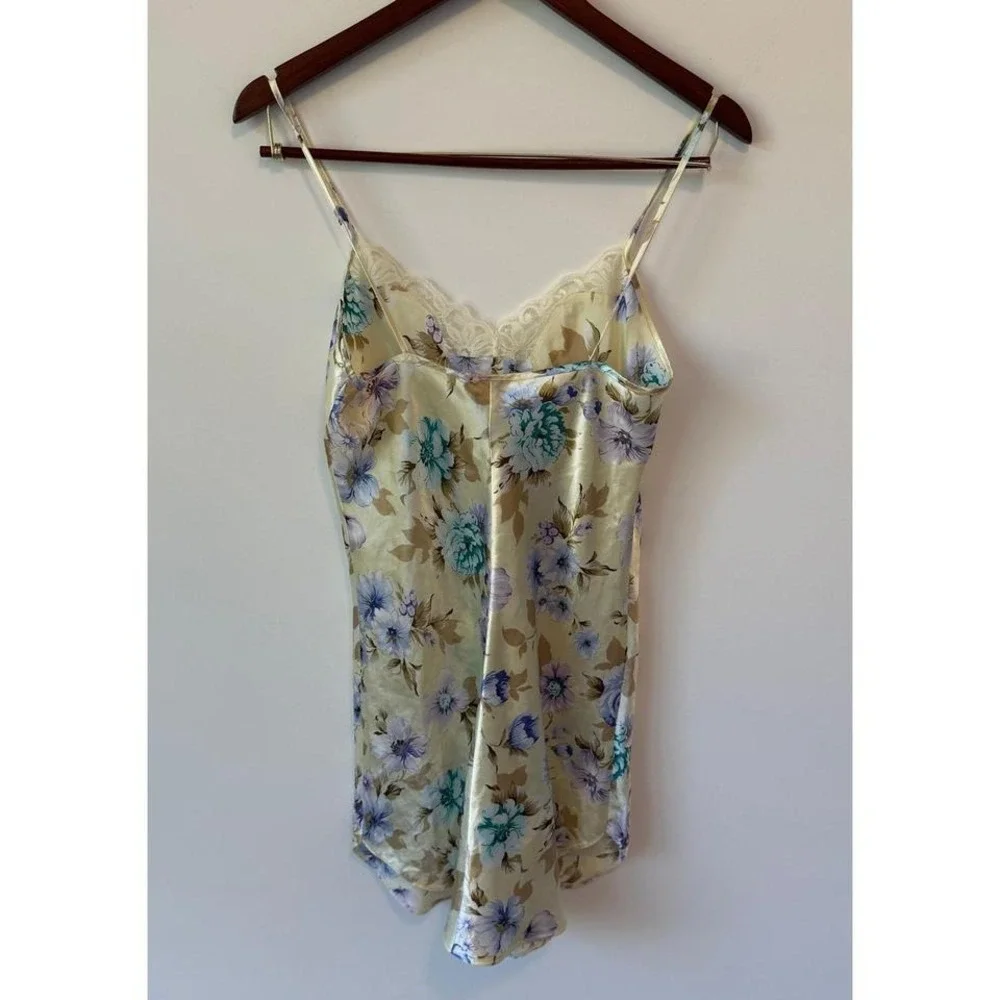 Floral Satin Nightgown Lingerie Lace Trim Romantic Cottagecore Slip Dress‎ Sz S